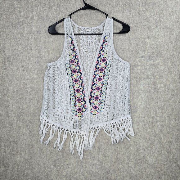 Angels Dmc Tops - Angels Dmc Womens Lace Fringe White Crochet Vest Multicolor Embroidered Small